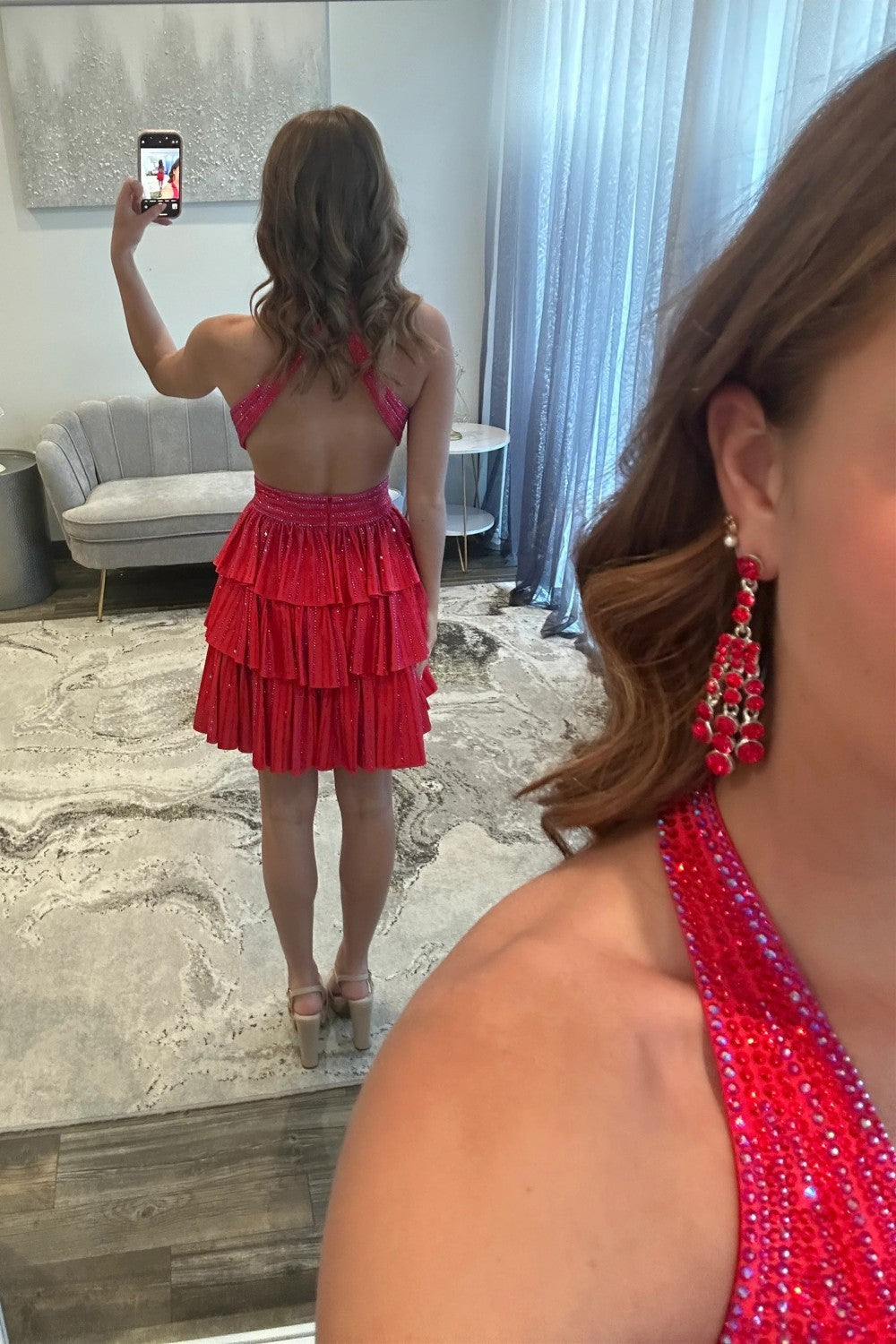 Sexy Deep V-Neck A-Line Cross Back Short Beaded Tiered Homecoming Dress