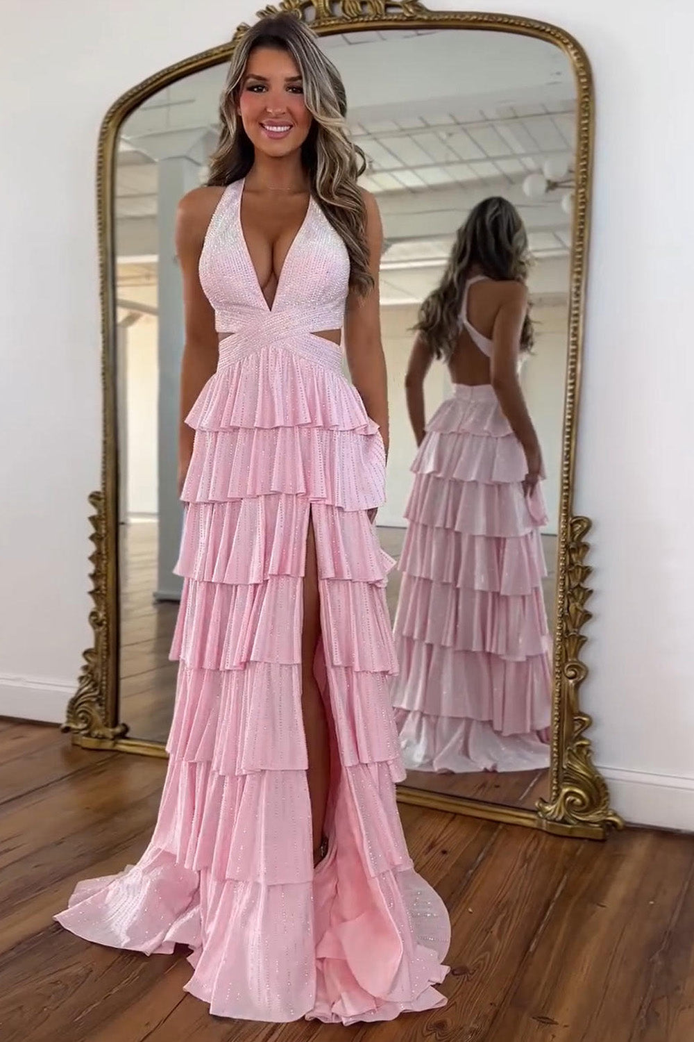 Sexy Sparkly Black A-Line V-Neck Layered Beaded Prom Dress with Leg Slit