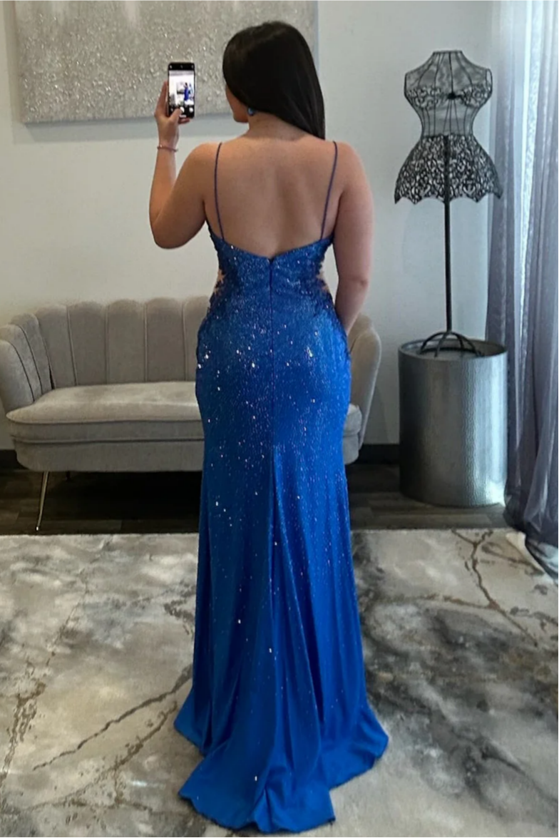 Sexy Black Beaded Spaghetti Straps Prom Gown with Side Cutout & Slit