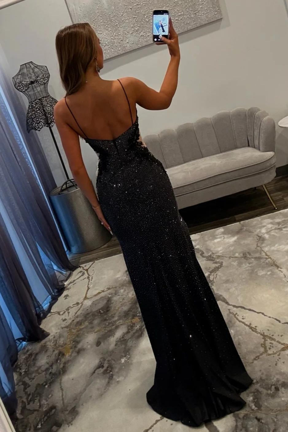 Sexy Black Beaded Spaghetti Straps Prom Gown with Side Cutout & Slit