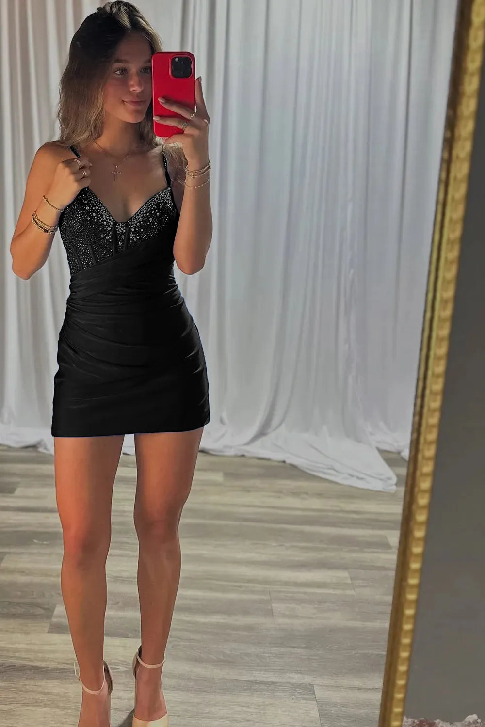 Sexy Glitter Spaghetti Straps Bodycon Homecoming Dress with Beading
