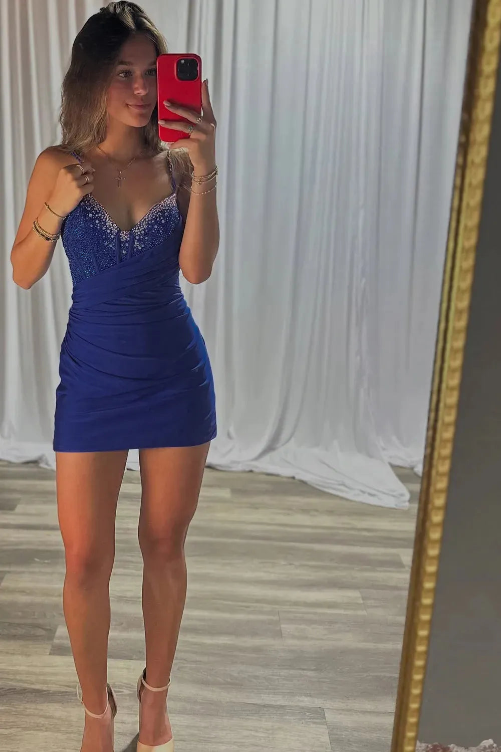 Sexy Glitter Spaghetti Straps Bodycon Homecoming Dress with Beading