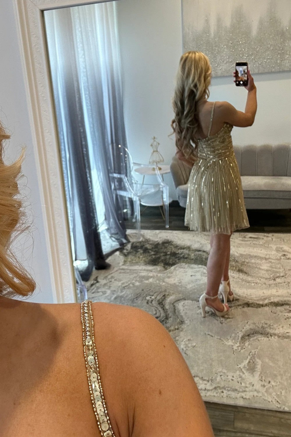 Sexy Gold A-Line Spaghetti Straps Short Sequin and Tulle Homecoming Dress