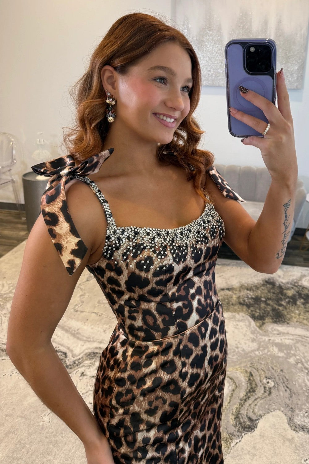 Sexy Leopard Print Beaded Long Prom Dress with Spaghetti Straps and Front Slit