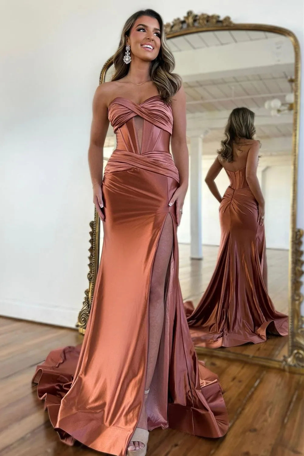 Sexy Red Sweetheart Corset Satin Mermaid Prom Dress with High Slit