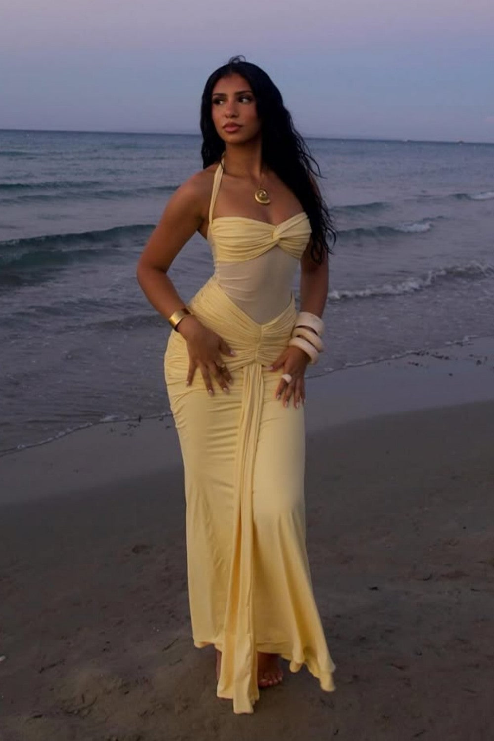 Sexy Yellow Halter Long Mermaid Prom Dress with Ruched Waist Detail