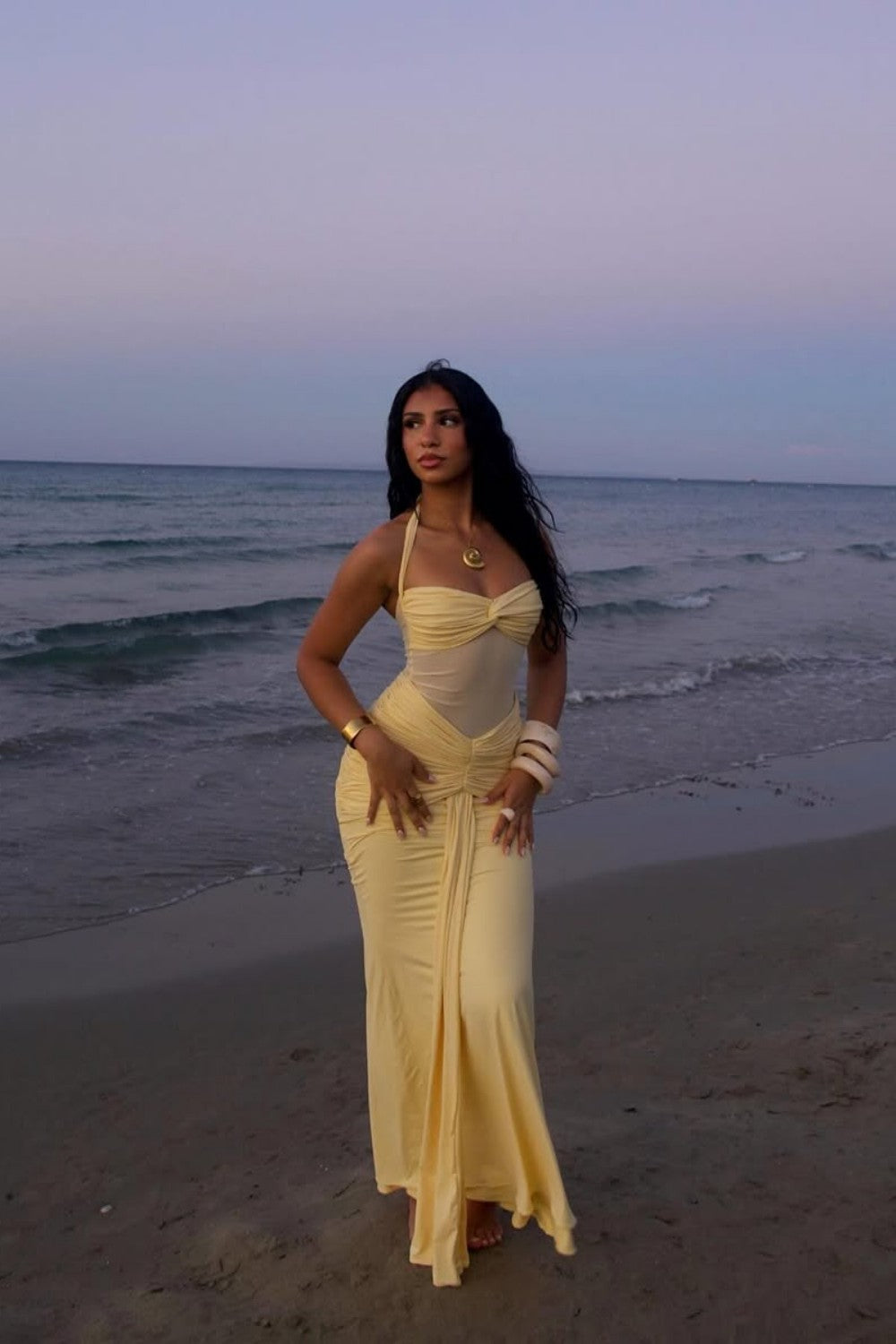 Sexy Yellow Halter Long Mermaid Prom Dress with Ruched Waist Detail