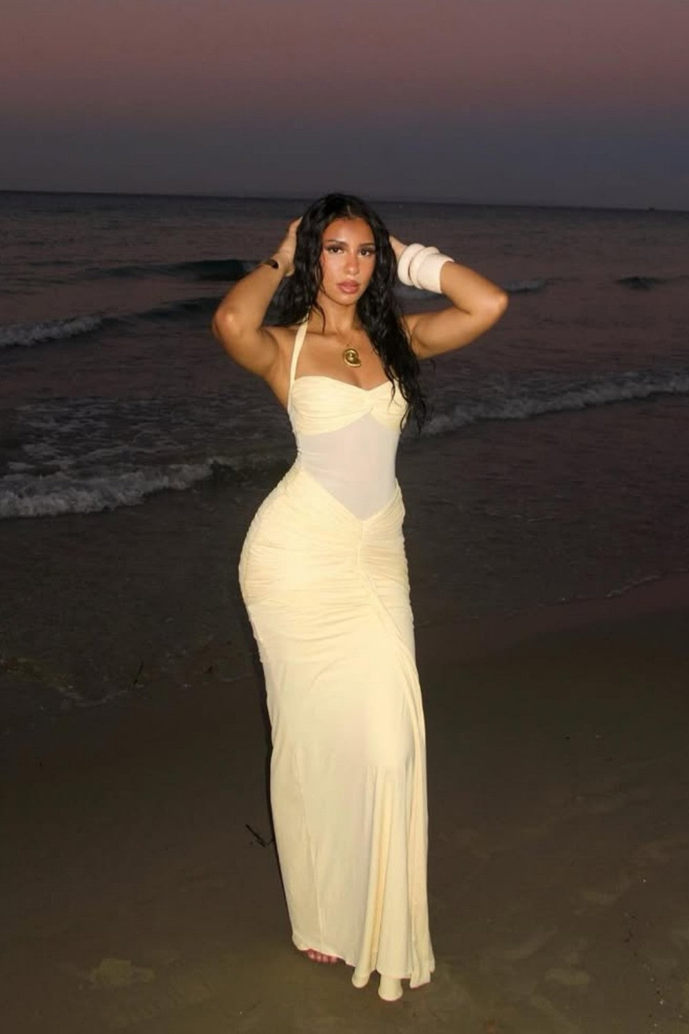 Sexy Yellow Halter Long Mermaid Prom Dress with Ruched Waist Detail