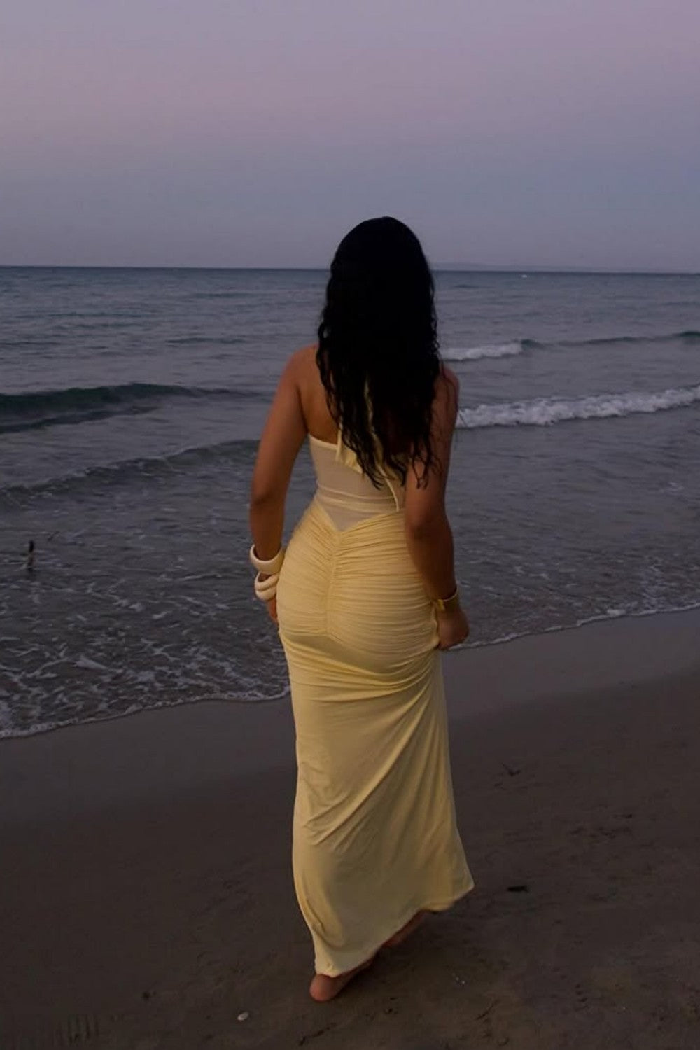 Sexy Yellow Halter Long Mermaid Prom Dress with Ruched Waist Detail