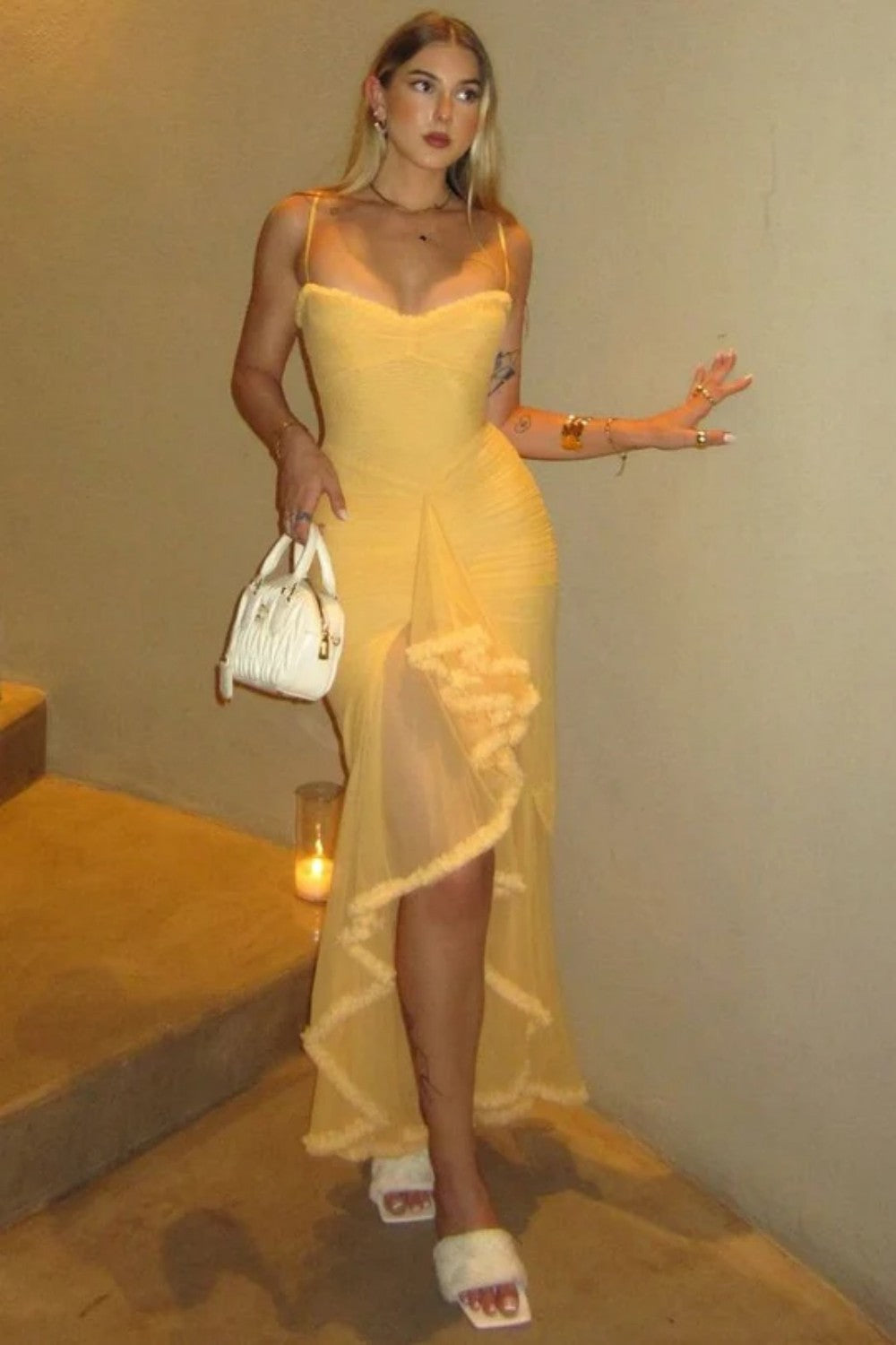 Sexy Yellow Spaghetti Straps Mermaid Prom Gown with Asymmetrical Ruffles
