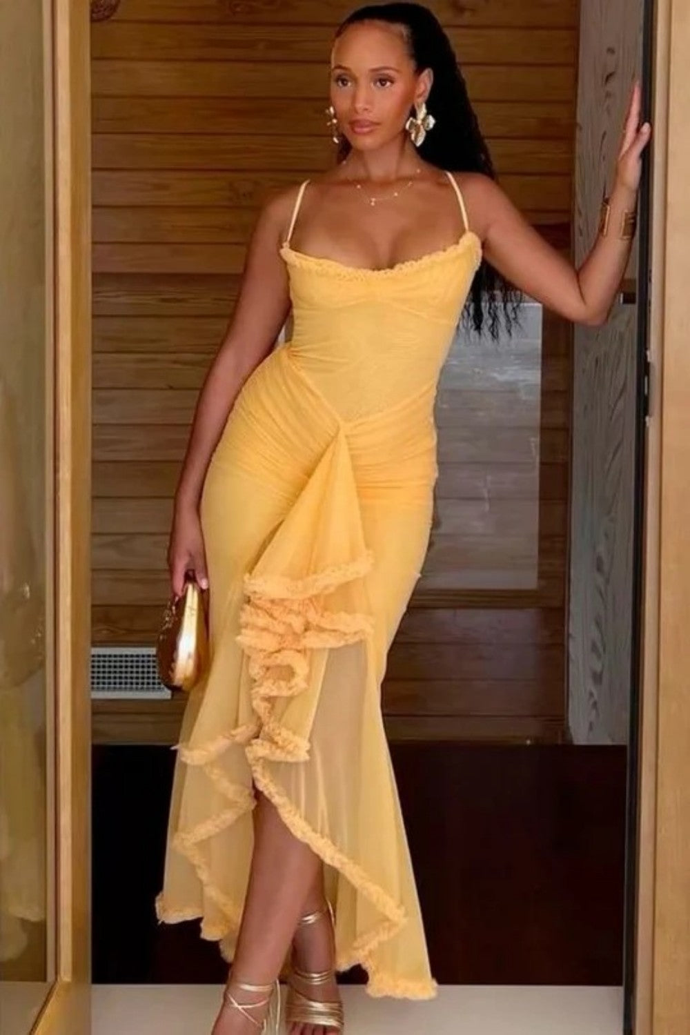 Sexy Yellow Spaghetti Straps Mermaid Prom Gown with Asymmetrical Ruffles