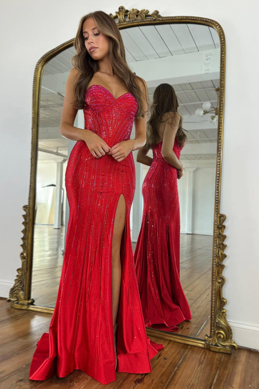 Shimmering Beaded Navy Blue Formal Prom Gown with Sweetheart Neckline
