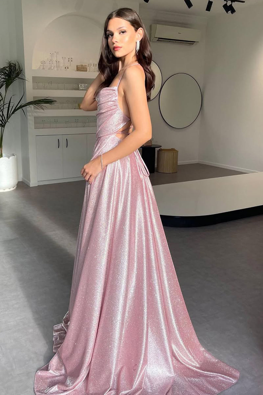 Shimmering Silver Cowl Neck A-Line Prom Dress with Spaghetti Straps and High Leg Slit