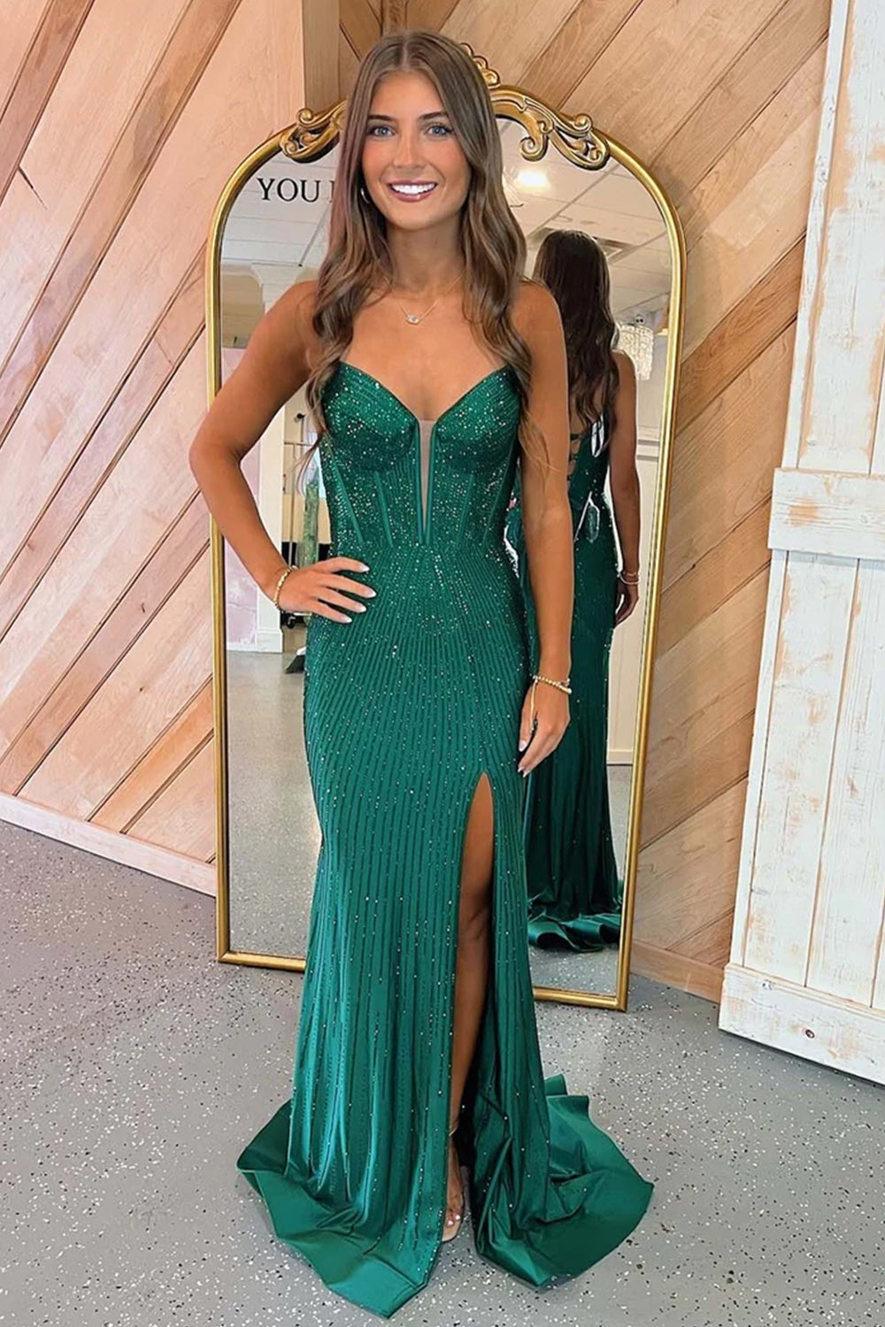 Sparkly Mermaid Spaghetti Straps Red Long Beaded Prom Dress with Beading Slit