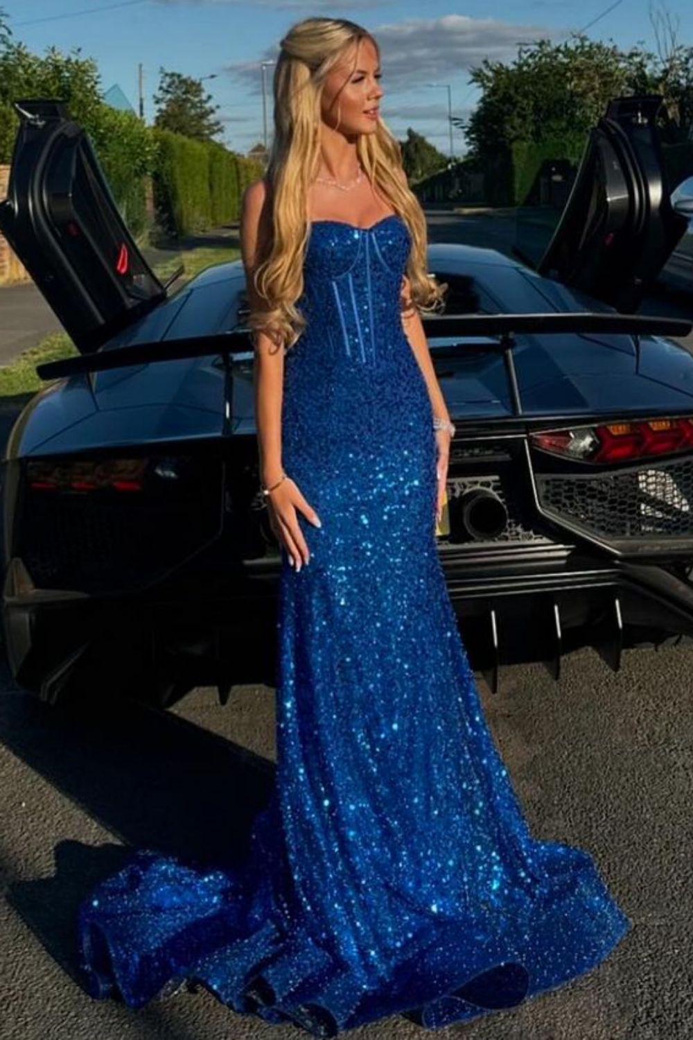 Bling Mermaid Spaghetti Straps Light Blue Sequins Long Prom Dress