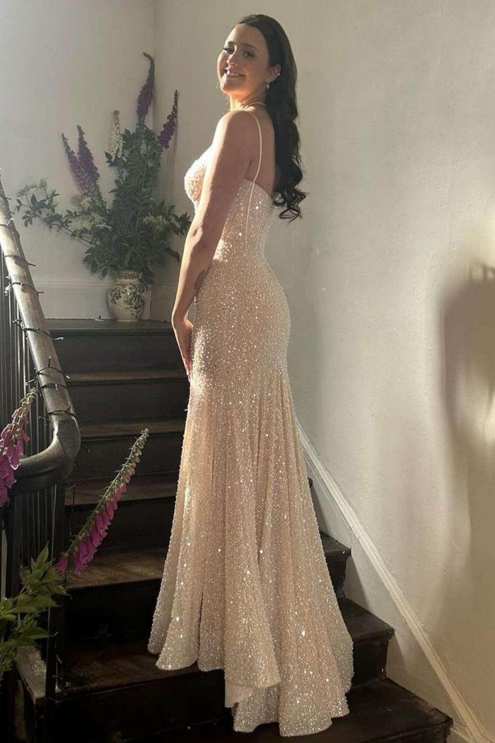 Bling Mermaid Spaghetti Straps Light Blue Sequins Long Prom Dress