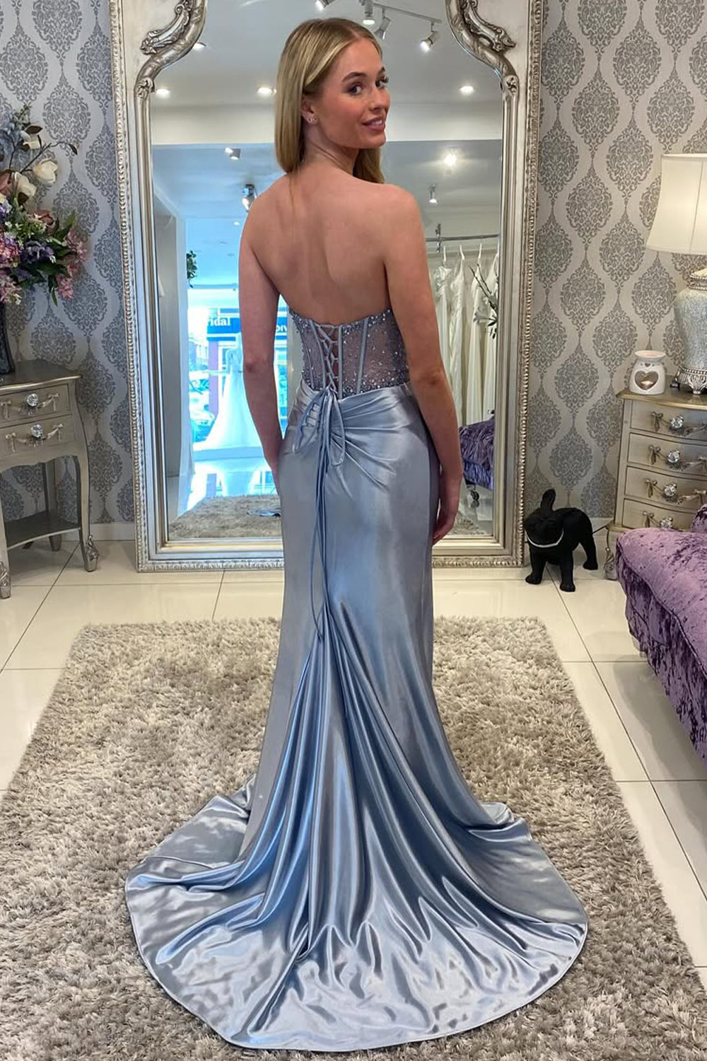 Grey Blue Beaded Mystique Mermaid Dress with High Slit and Train