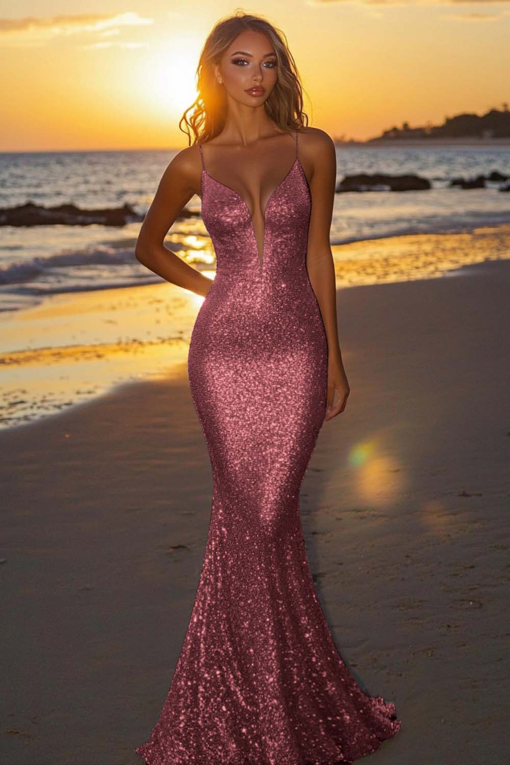 Silver Glitter Mermaid Backless Long Prom Dress with Deep V Neck
