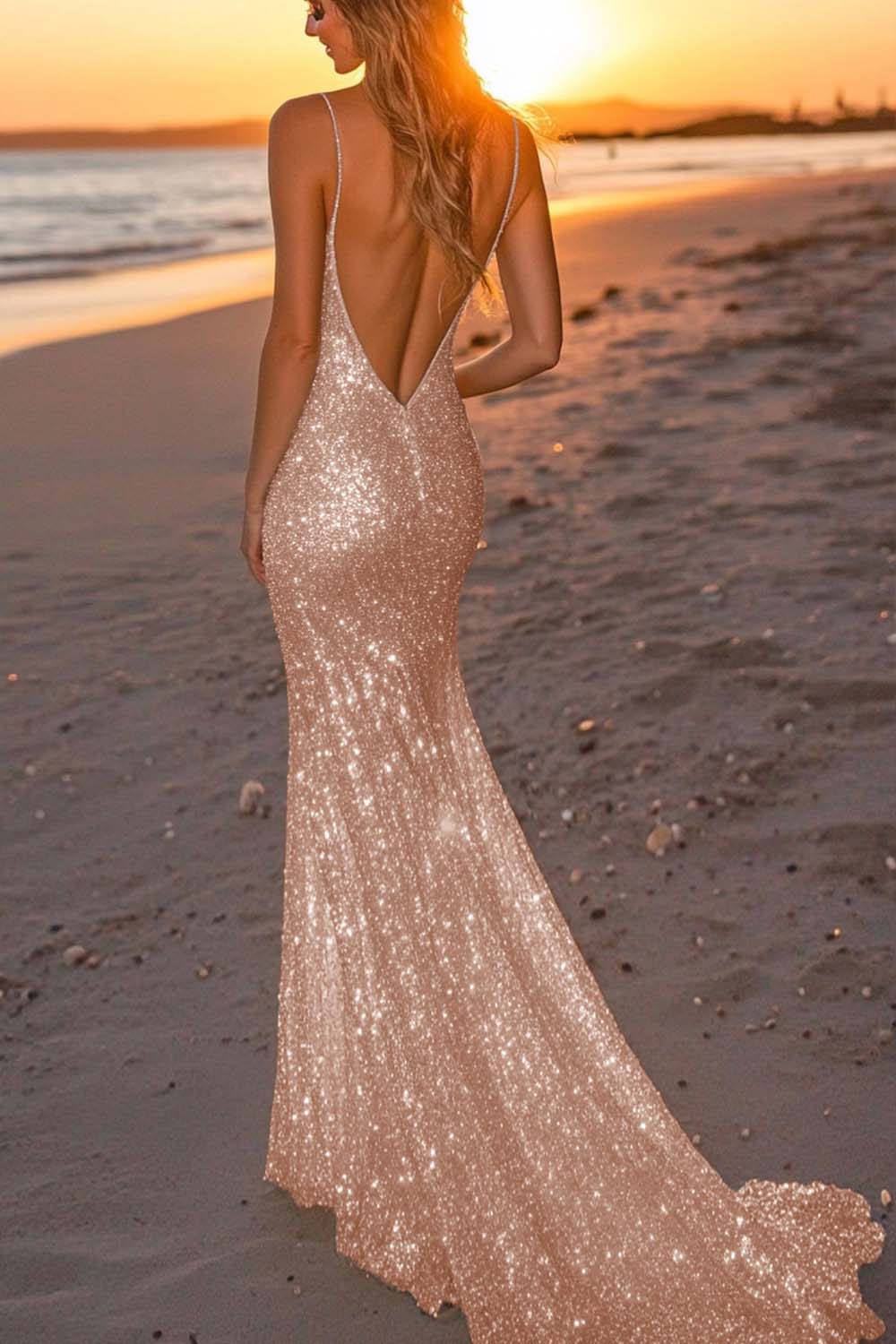 Silver Glitter Mermaid Backless Long Prom Dress with Deep V Neck