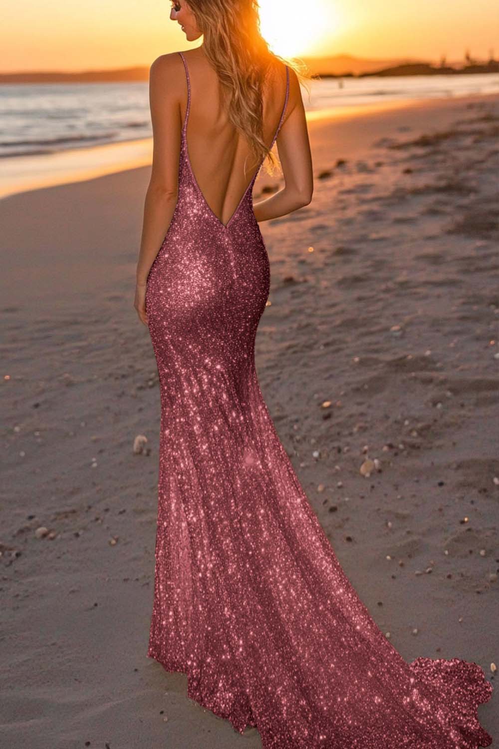 Silver Glitter Mermaid Backless Long Prom Dress with Deep V Neck
