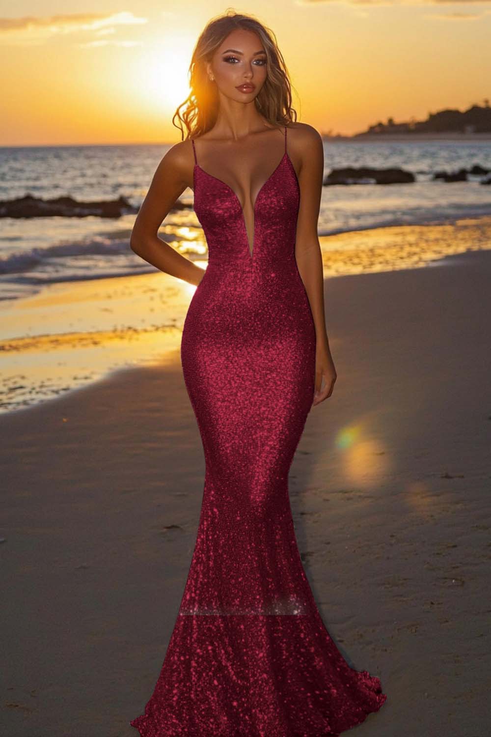 Silver Glitter Mermaid Backless Long Prom Dress with Deep V Neck