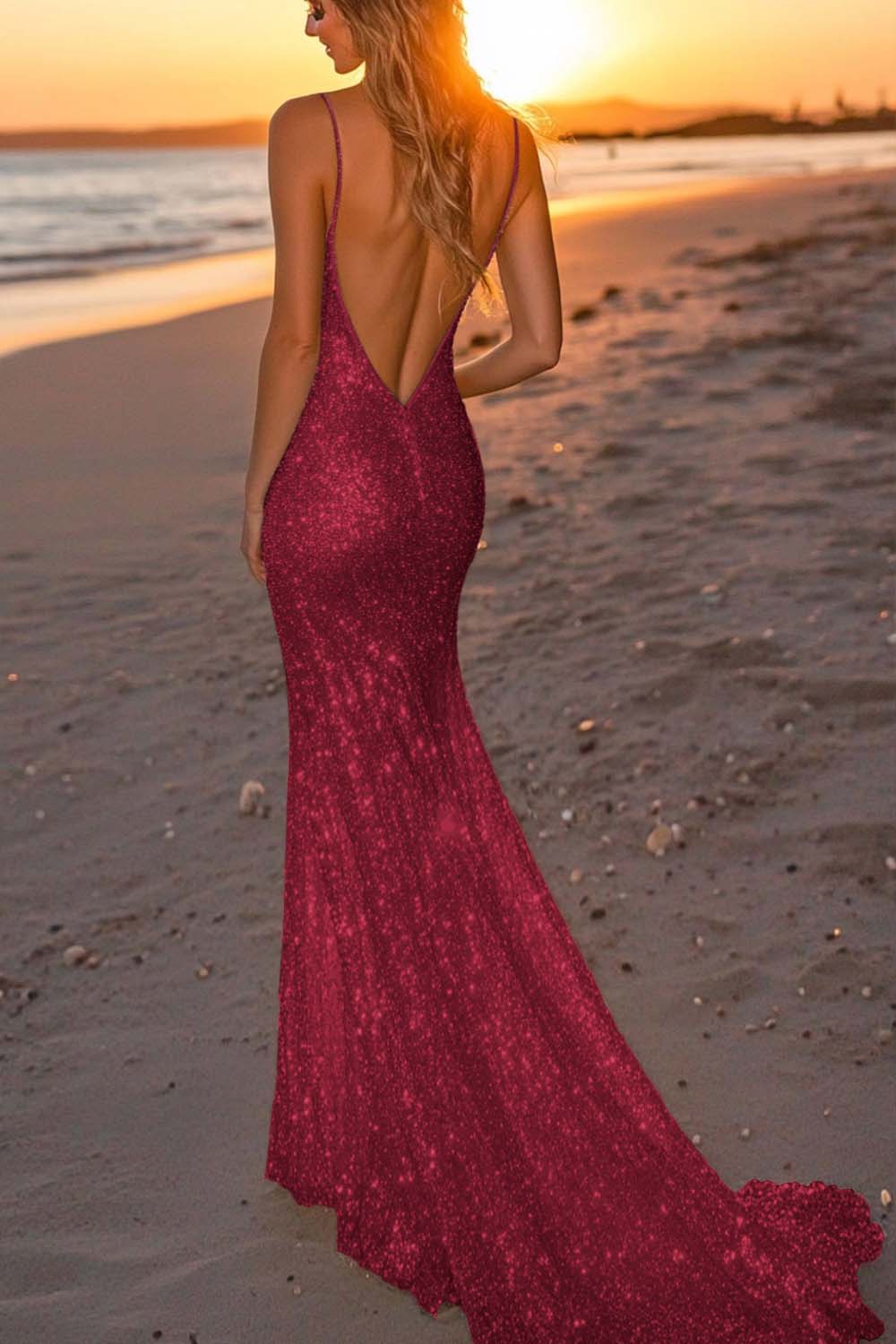 Silver Glitter Mermaid Backless Long Prom Dress with Deep V Neck