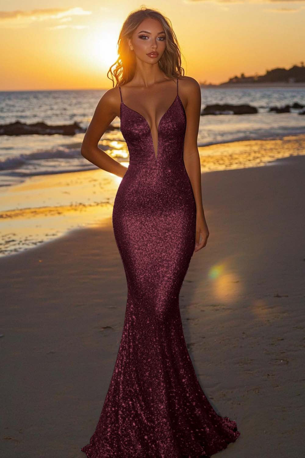 Silver Glitter Mermaid Backless Long Prom Dress with Deep V Neck