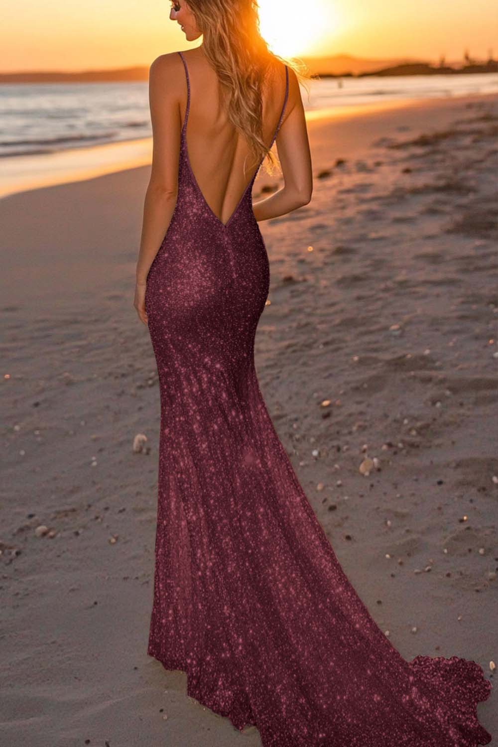 Silver Glitter Mermaid Backless Long Prom Dress with Deep V Neck