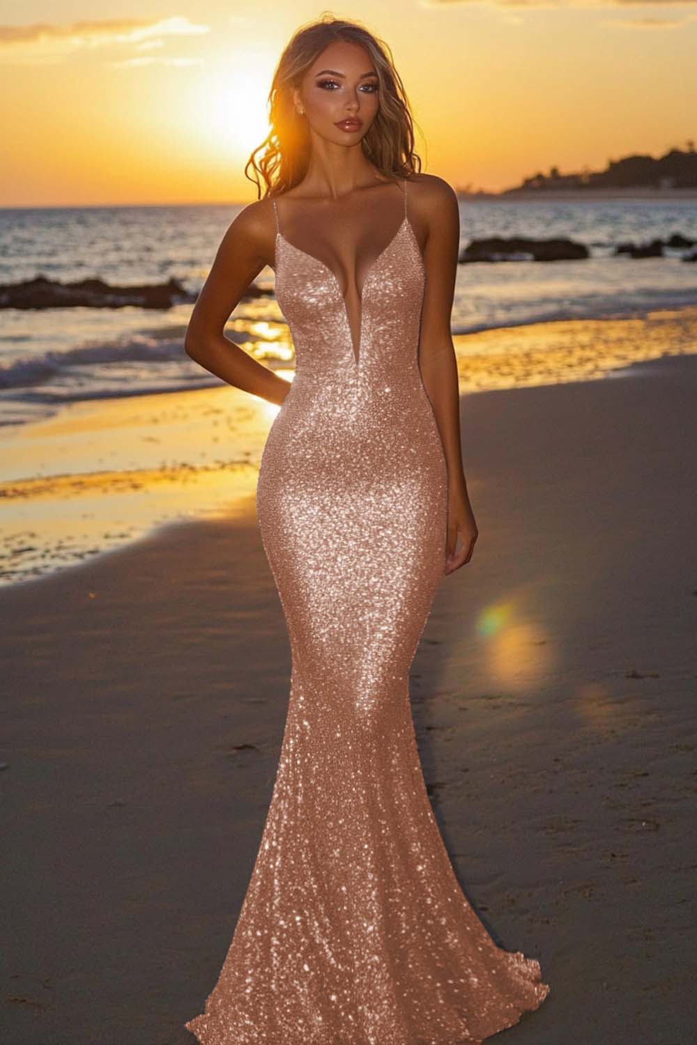 Silver Glitter Mermaid Backless Long Prom Dress with Deep V Neck