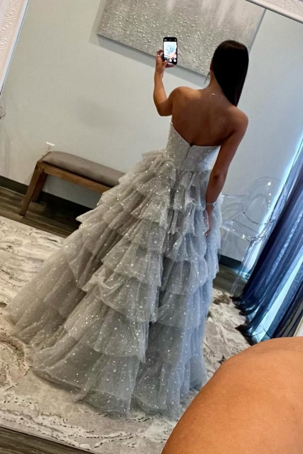 Silver Sparkling A-Line Sweetheart Ruffle Layer Prom Ball Gown