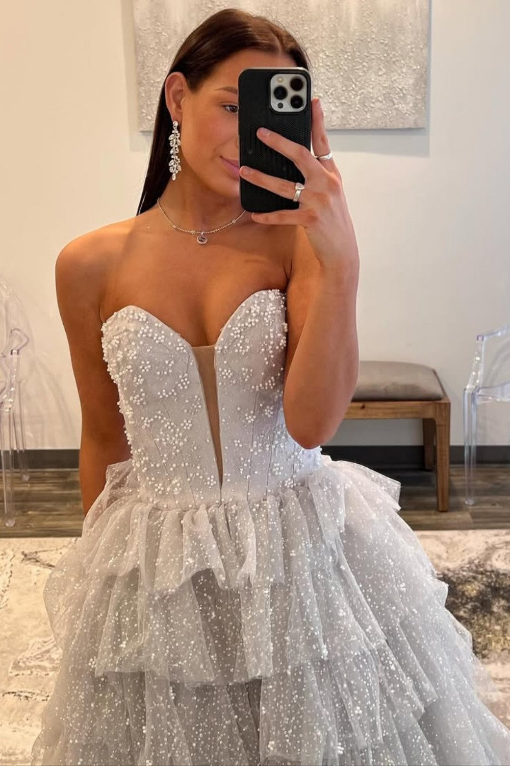 Silver Sparkling A-Line Sweetheart Ruffle Layer Prom Ball Gown