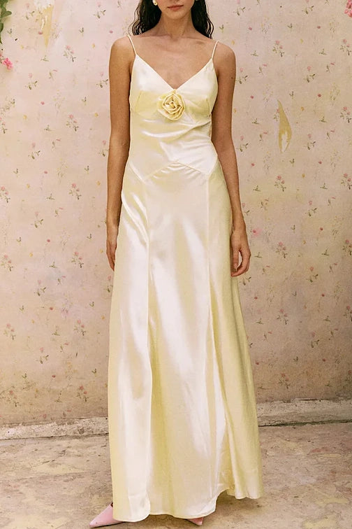 Simple Sheath Spaghetti Straps Dusty Blue Long Prom Dress with 3D Flowers