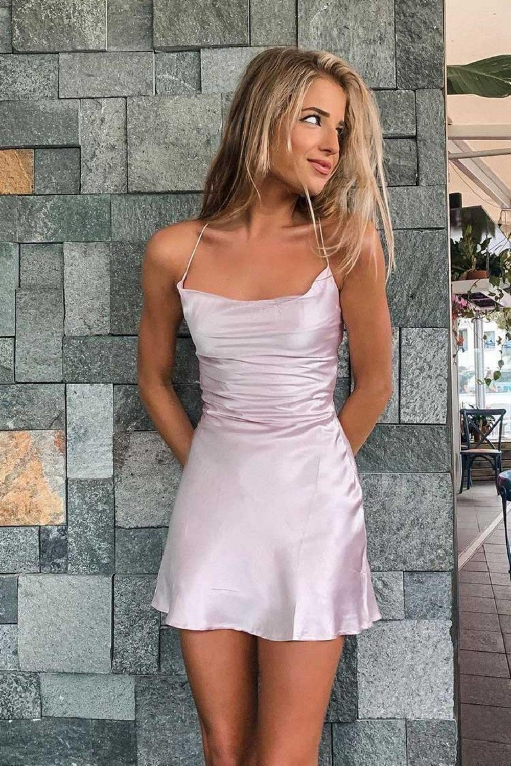Simple Elegant Satin Spaghetti Straps Lace Up Short Homecoming Dress