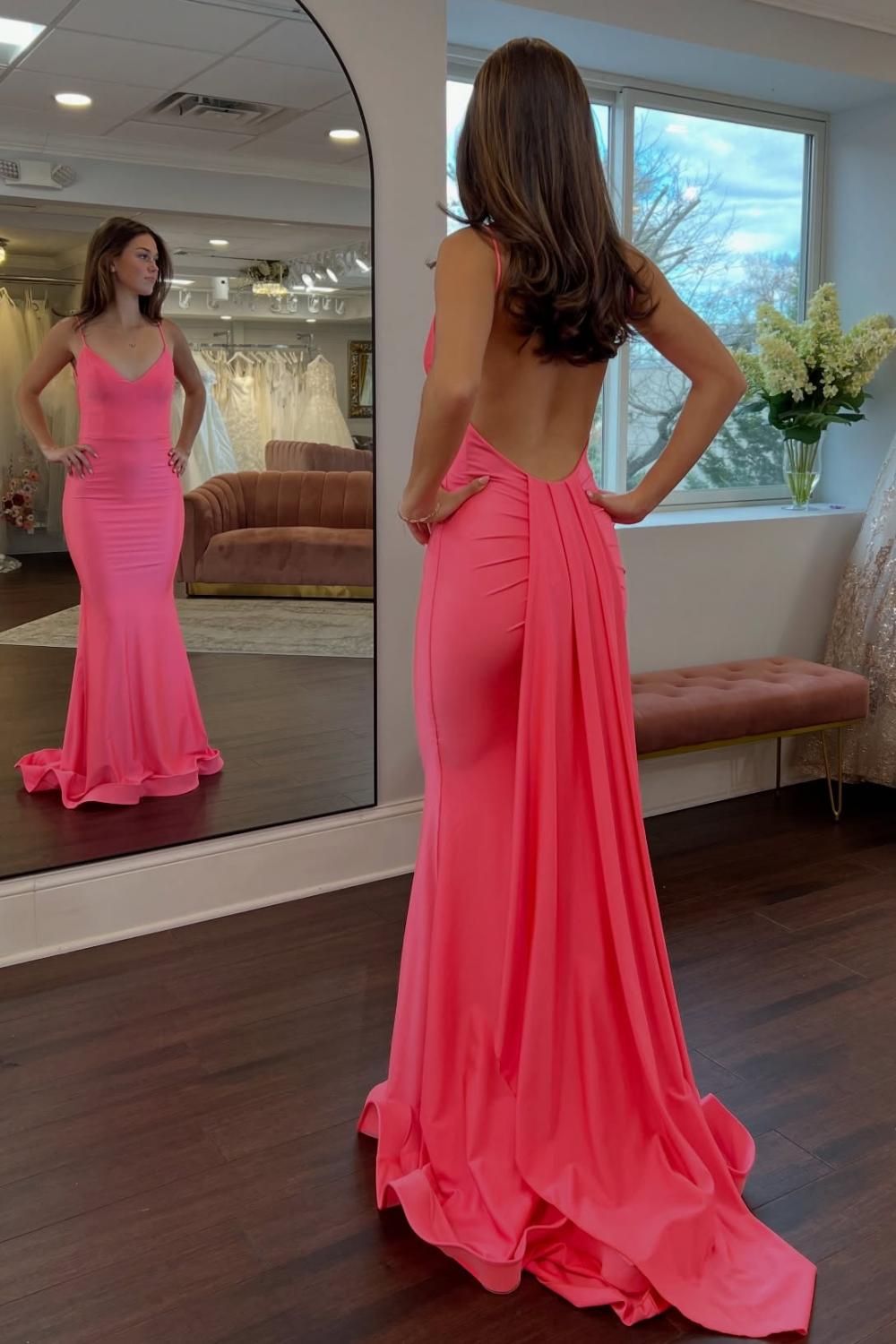 Simple Mermaid Spaghetti Straps Candy Pink Long Prom Dress with Train