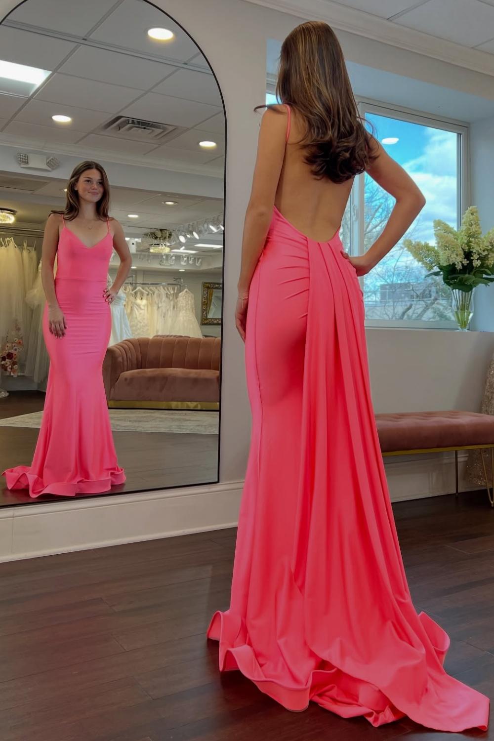 Simple Mermaid Spaghetti Straps Candy Pink Long Prom Dress with Train