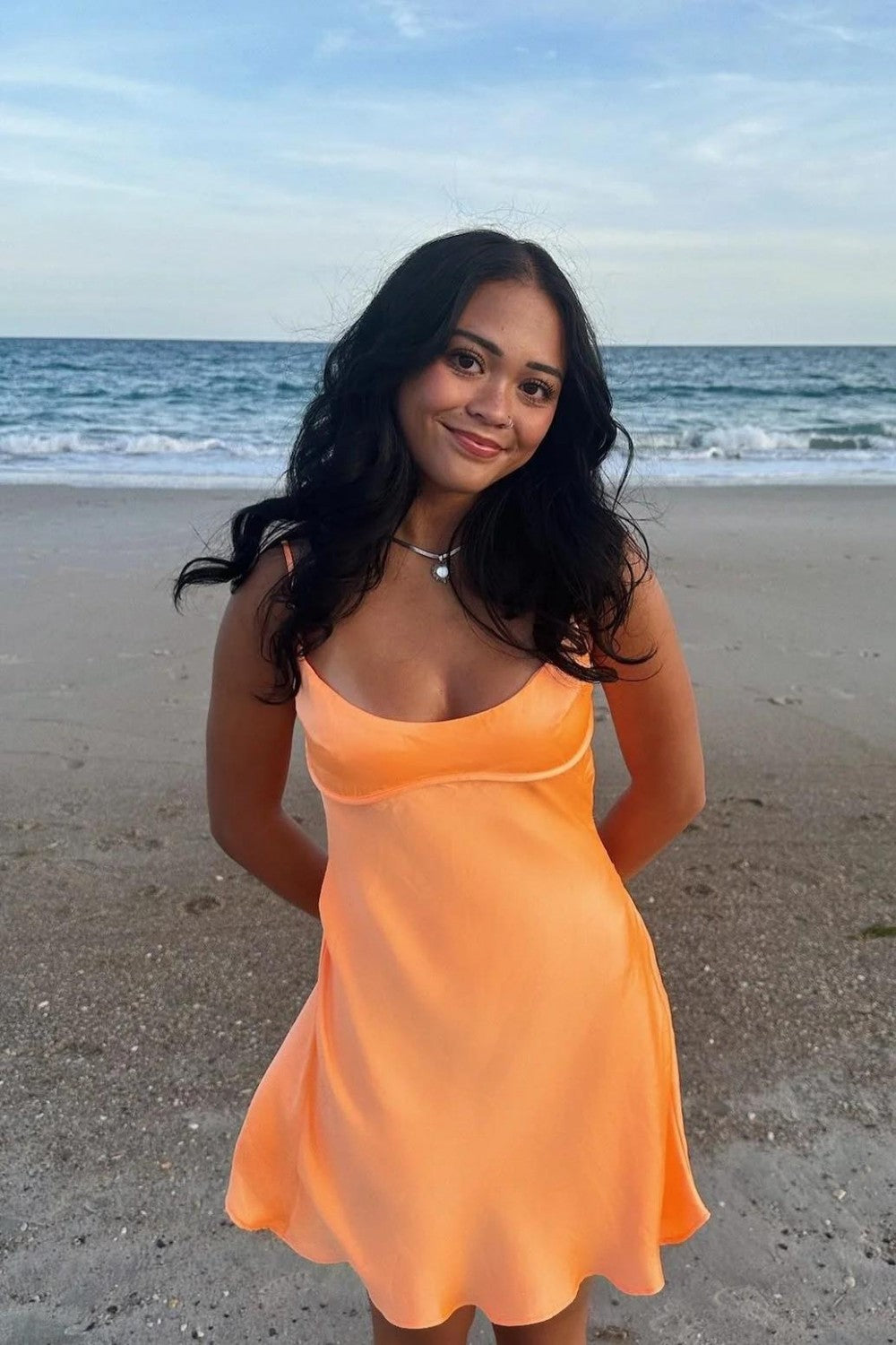 Simple Satin Fit-and-Flare Homecoming Dress with Spaghetti Straps