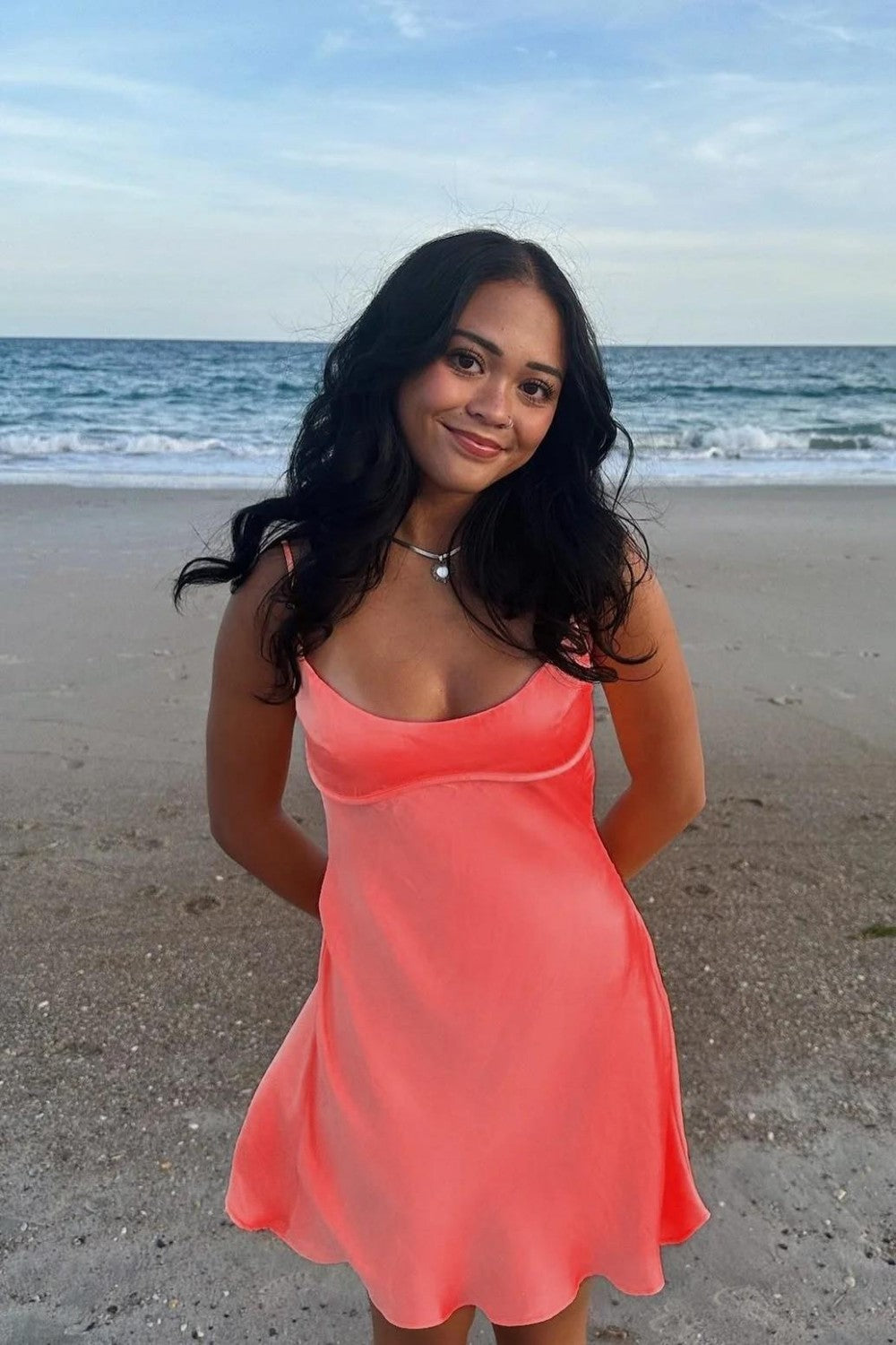 Simple Satin Fit-and-Flare Homecoming Dress with Spaghetti Straps
