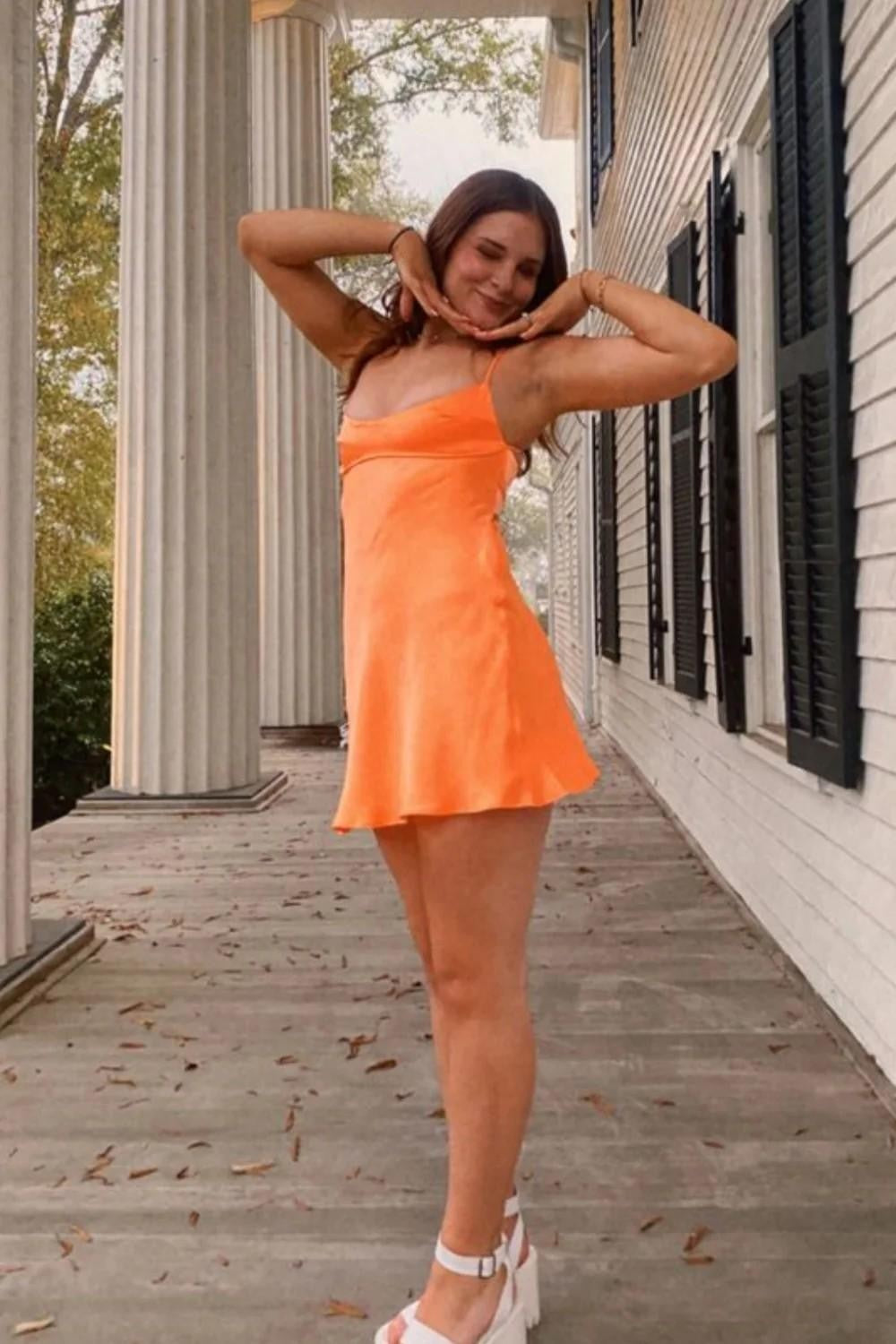 Simple Satin Fit-and-Flare Homecoming Dress with Spaghetti Straps