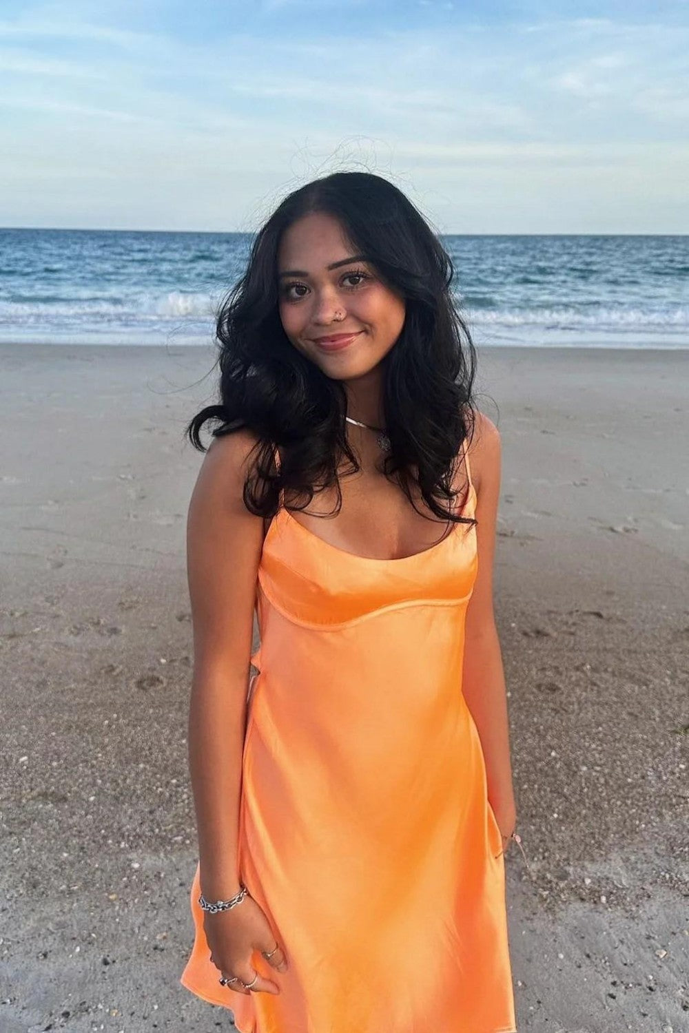 Simple Satin Fit-and-Flare Homecoming Dress with Spaghetti Straps