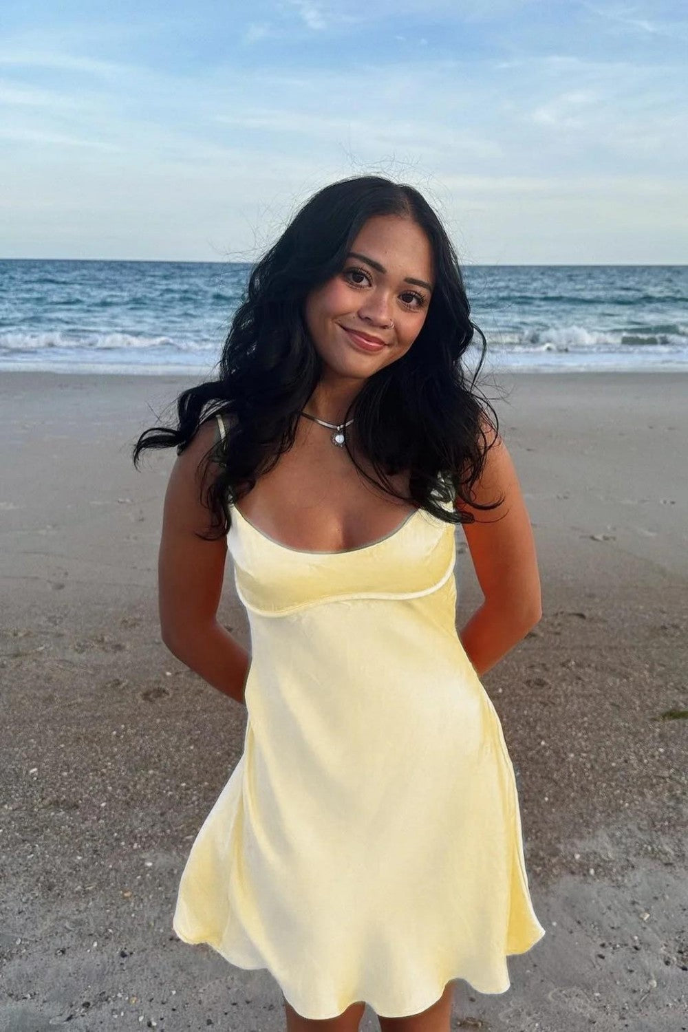 Simple Satin Fit-and-Flare Homecoming Dress with Spaghetti Straps