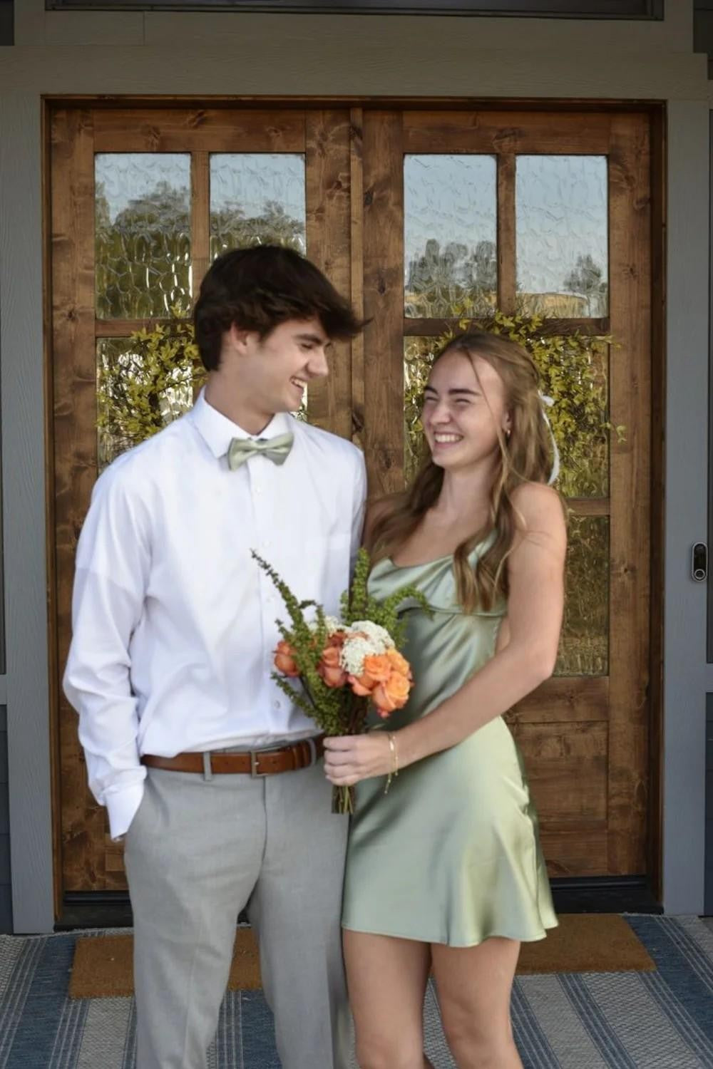 Simple Satin Fit-and-Flare Homecoming Dress with Spaghetti Straps