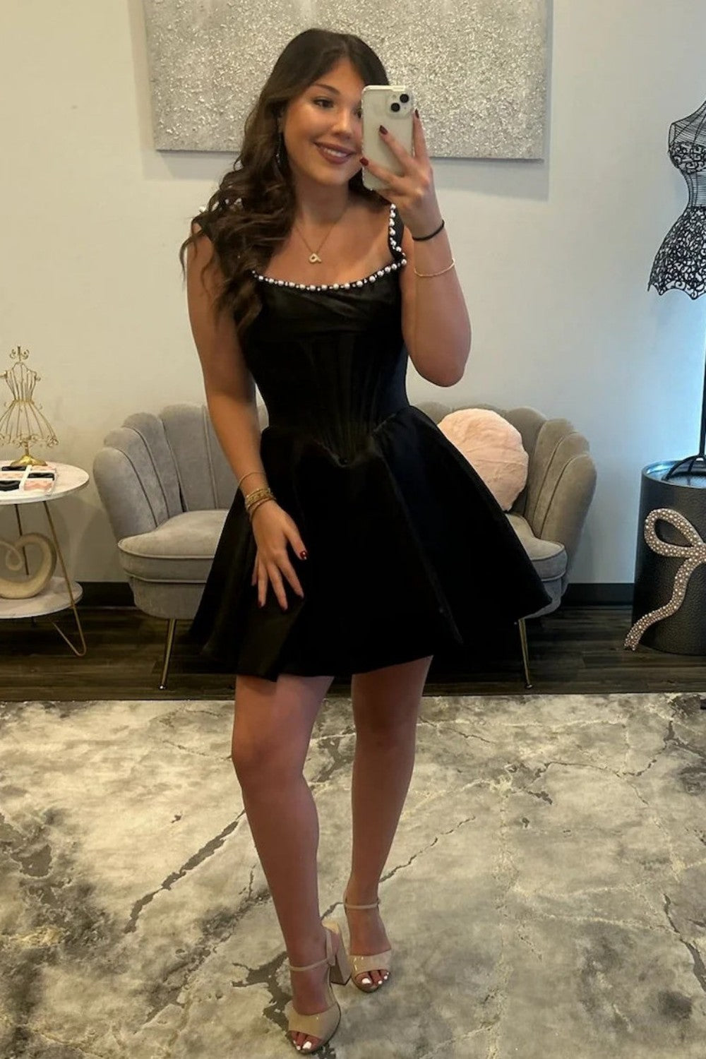 Simple Satin Square Neck Corset Homecoming Dress with Beaded Trim