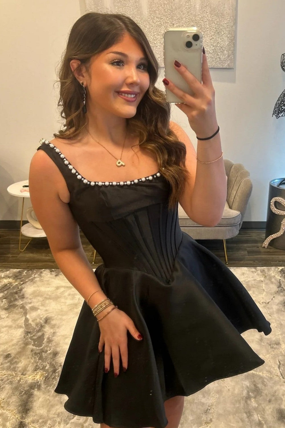 Simple Satin Square Neck Corset Homecoming Dress with Beaded Trim