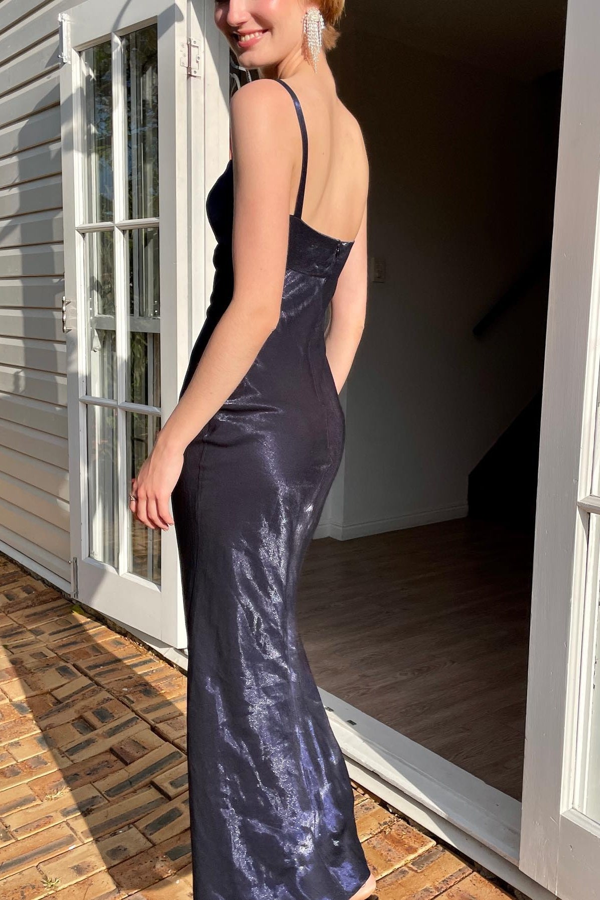 Simple Sheath Spaghetti Straps Navy Long Party Dress