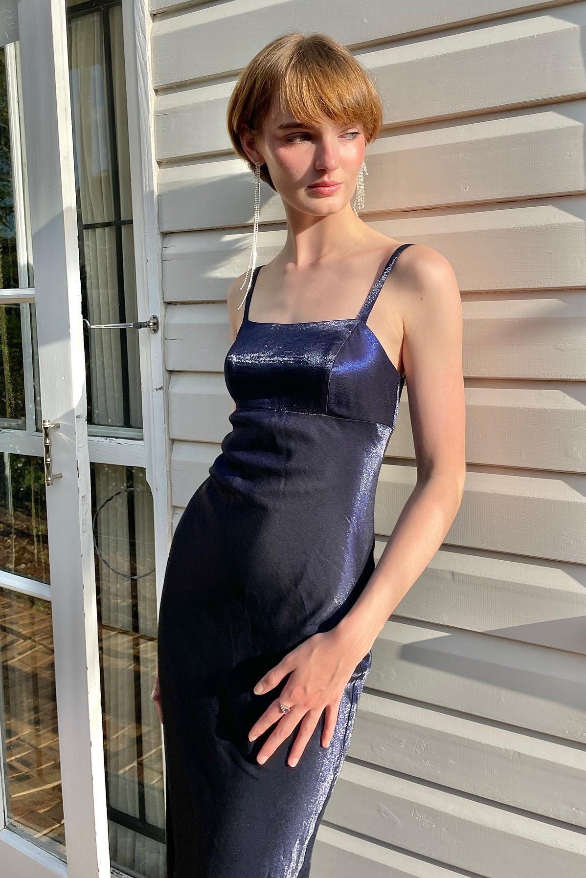 Simple Sheath Spaghetti Straps Navy Long Party Dress