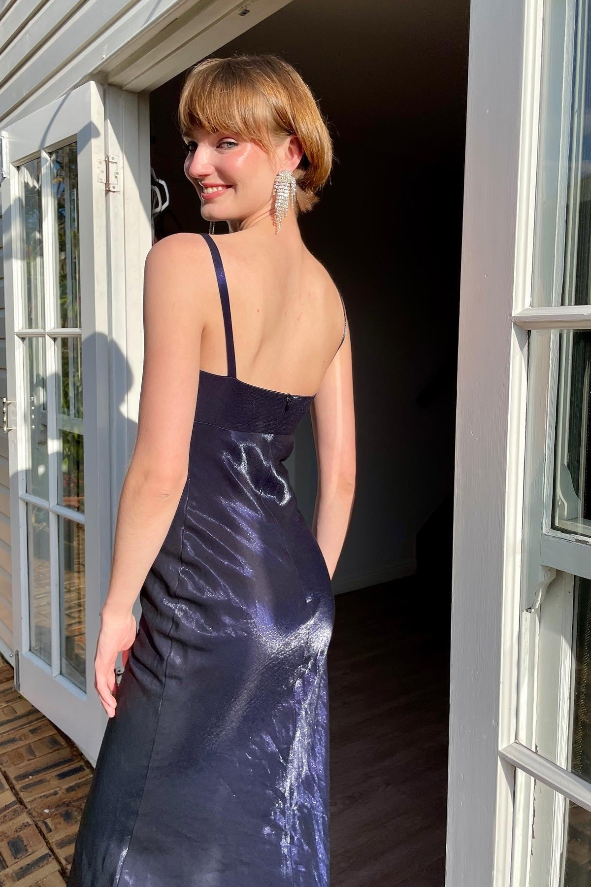 Simple Sheath Spaghetti Straps Navy Long Party Dress