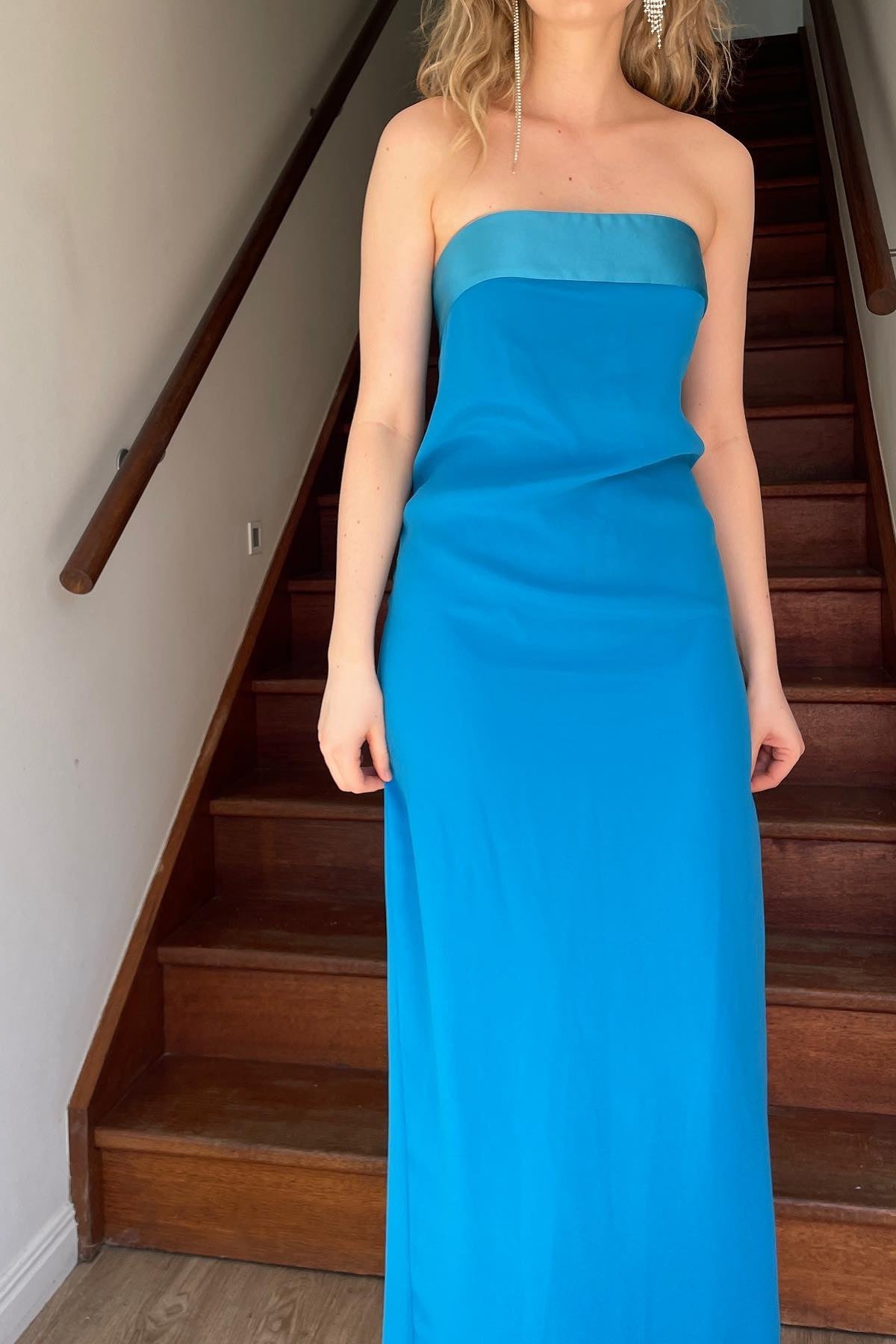 Simple Sheath Strapless Blue Tea Length Party Dress