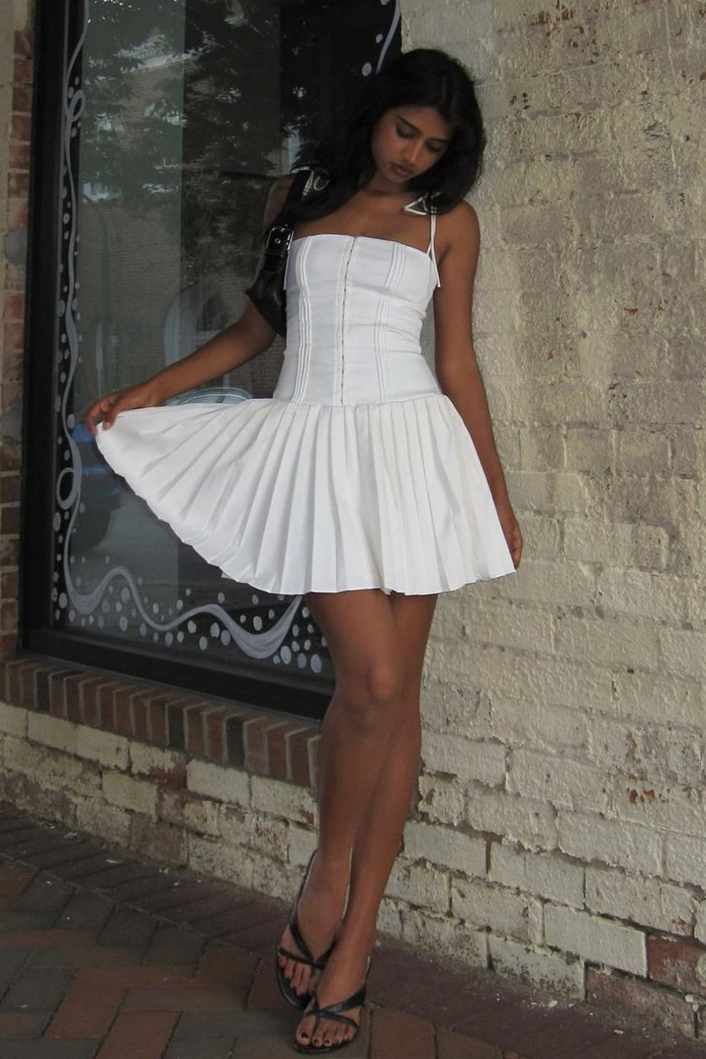 Simple White A-Line Homecoming Dress with Spaghetti Straps and Corset-Inspired Bodice