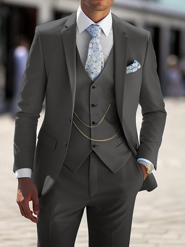 Men's Tailored Fit Single Breasted Two-buttons 3 Pieces Wedding Suits Gray
