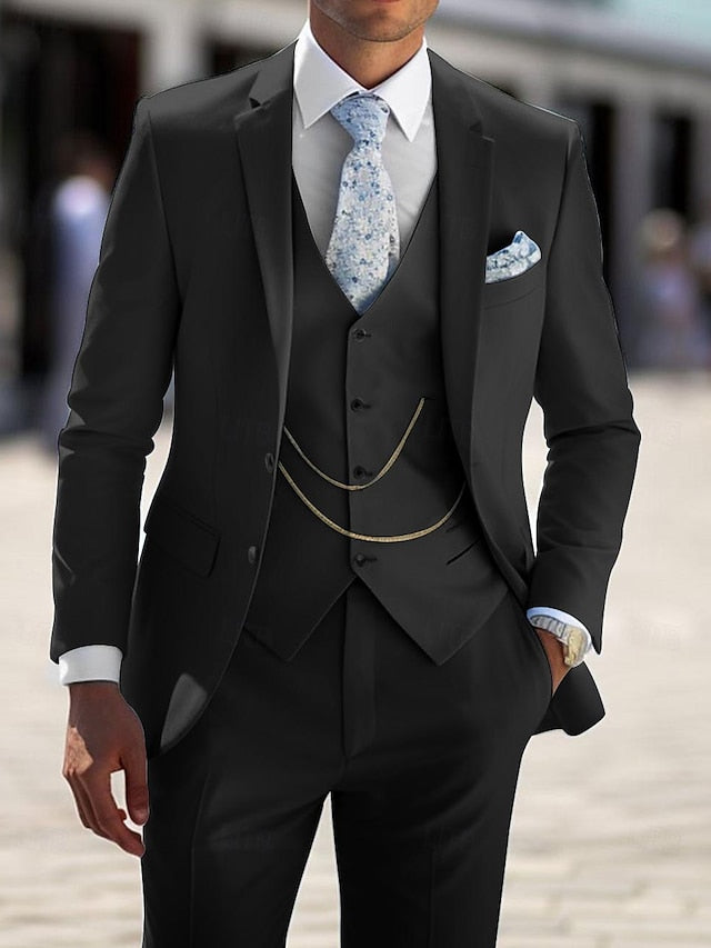 Men's Tailored Fit Single Breasted Two-buttons 3 Pieces Wedding Suits Black